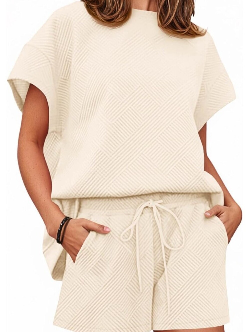 Boho Resort Textured Geometric Knit Two Piece Shorts Set Matching Lounge Co-Ord
